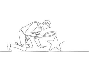 Single continuous line drawing of businessman holds magnifying glass highlighting stars. The high star is the ultimate goal of the business level. Reach dreams. One line design illustration vector