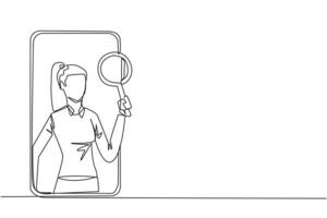 Single continuous line drawing of businesswoman came out of the smartphone screen holding the magnifier. Utilizing internet technology on smartphones to promote business abroad. One line design vector