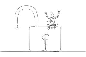 Single continuous line drawing Arabian businesswoman sitting on giant open padlock putting laptop on her thigh. Successfully unlocked layer one of web security. Vulnerable security. One line design vector