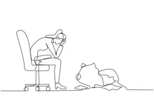 Single continuous line drawing of businesswoman sits pensively on office chair and in front is a broken piggy bank. Failing to save because have to pay large bills. One line design illustration vector