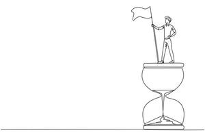 Single continuous line drawing young businessman standing on giant hourglass holding flag. Business strategy related on time management. Businessman who can manage times well. One line design vector