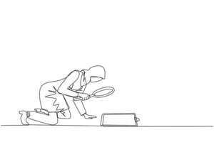 Continuous one line drawing of Arabian businesswoman holding magnifying glass look at clipboard. Businesswoman make sure by checking back work that may have been missed. Single line draw design vector