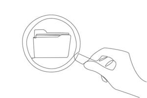 Single continuous line drawing big hand holding magnifying glass highlights the folder icon. Exploration. Tidying up the contents of the file. File management. One line design illustration vector