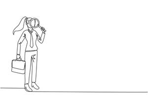 Single one line drawing of businesswoman stood holding magnifier and the other holding briefcase. Look for the smallest possible opportunities for profit that can be exploited. Continuous line design vector