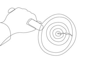 Single continuous line drawing big hand holding magnifying glass highlights the target arrow board. Concepts for learning focus. Chasing the target. Step by step. One line design illustration vector