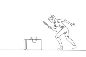 Continuous one line drawing businesswoman holding magnifying glass highlights the briefcase. Immediately tidied up his briefcase to go on a business trip. Single line draw design illustration vector