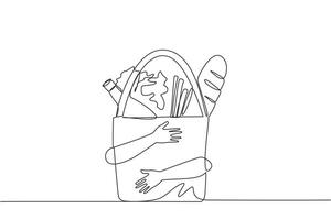 Single continuous line drawing hands hugging grocery paper bags with handle. Paper bags with handles that make it easy to use for shopping for daily needs at mini market. One line illustration vector