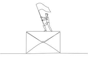 Single continuous line drawing of young businessman standing on giant email icon raising flag. Received a cooperation offer email that is very profitable for the company. One line design illustration vector