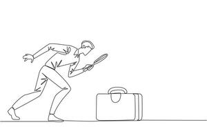 Continuous one line drawing of businessman holding magnifying glass highlights the briefcase. Immediately tidied up his briefcase to go on a business trip. Single line draw design illustration vector