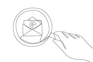 Continuous one line drawing big hand holding magnifying glass highlights the email icon. Observe and sort every incoming email for significant business progress. Single line design illustration vector