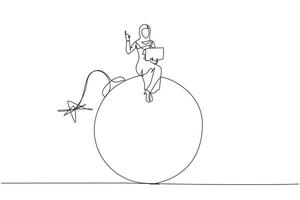 Single continuous line drawing of young Arabian businesswoman sitting on large bomb with a burning fuse holding laptop. Business danger near deadline. Time crisis management. Feeling unsafe. One line vector