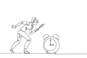 Continuous one line drawing of businesswoman holding magnifying glass looking at alarm clock. Super busy businesswoman, always working overtime. Workaholic. Single line draw design illustration vector