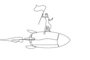 Single continuous line drawing of young successful Arabian businessman standing on flying rocket through the sky raising flag. Entrepreneur starting a new business startup. One line design vector