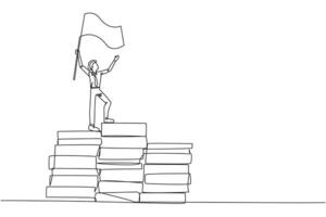 Continuous one line drawing of young businessman standing on piles of paper document raising flag. Create business plan with lots of data. Winner even though there is a lot of work. Single line draw vector