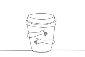 Single one line drawing of hands hugging paper cup coffee. A cup of coffee to accompany work. Coffee can help concentration, reduce the risk of depression. Continuous line design graphic illustration vector