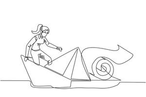 Continuous one line drawing businesswoman boarded a paper boat loaded with rolls of paper bills and almost drowned. Spending more than income. Large pegs than poles. Single line illustration vector