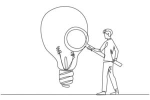 Continuous one line drawing businessman stood holding magnifier and inspected the lightbulb. Businessmen are looking for new ideas, fresh ideas, innovation and creative. Single line draw design vector