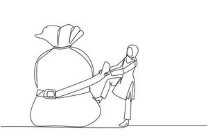 Single continuous line drawing Arab businesswoman wrapped around and pulled the money bag with a belt. Investment decrease, sale drop. Save on unnecessary expenses. One line design illustration vector