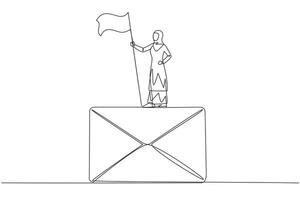 Continuous one line drawing of Arabian businesswoman standing on giant email icon raising flag. Received a cooperation offer email that is very profitable for the company. Single line draw vector