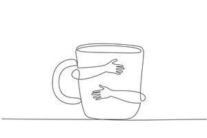 Single continuous line drawing of human hands hugging huge mug. Pour a few milliliters of coffee or tea into a mug, talk to your loved ones, then feel the warmth. One line design illustration vector