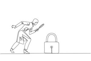 Single continuous line drawing of Arabian businesswoman holds magnifying glass look at padlock. Looking ways to protect stock values to keep high and safe from hackers. One line illustration vector