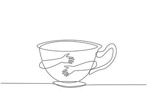 Continuous one line drawing of human hands hugging hue tea cup. A glass of drink served in the afternoon. Drink snacks when talking with family. Relax. Single line draw design illustration vector