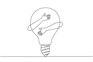 Single continuous line drawing of hands hugging lightbulb. Illustration of brilliant idea for running business during pandemic. Innovation is needed to bring fresh ideas in business. One line vector