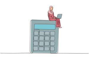 continuo uno línea dibujo joven árabe mujer de negocios sentado en gigante calculadora trabajando en ordenador portátil computadora. calculador financiero lucro o pasivo ingreso. en línea pago. soltero línea dibujar diseño vector