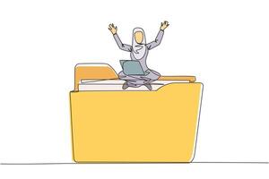 Single one line drawing Arabian businesswoman sitting on big folder icon putting her laptop on thighs raising her hands up. A place to store work data. Business file management. Continuous line design vector