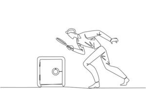 Single continuous line drawing businessman holding magnifying glass highlighting safe deposit box. Finding for the best place of protection to save important data. One line design illustration vector