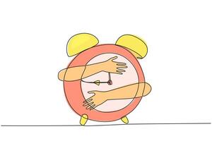 Single one line drawing of hands hugging alarm clock. Business decisions taken will determine every hour. Wrong in taking steps then business failure will be accepted. Continuous line design graphic vector