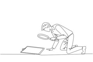 Single continuous line drawing businessman holding magnifying glass clipboard. Businessman make sure by checking back work that may have been missed. Careful. One line design illustration vector