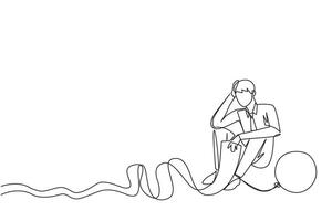 Single continuous line drawing businessman sits on the floor and feet are chained by a steel ball while holding a billing paper. Fooled by loan sharks. Collapsed. One line design illustration vector