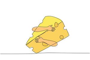 soltero continuo línea dibujo manos abrazando queso. comidas hecho desde Leche Vamos mediante un coagulación proceso. Leche ese viene desde vacas, cabras, camellos o incluso caballos. uno línea diseño ilustración vector