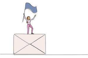 Continuous one line drawing of young businesswoman standing on giant email icon raising flag. Received a cooperation offer email that is very profitable for the company. Single line draw design vector