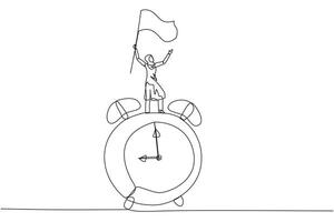 Single continuous line drawing of young Arabian businesswoman standing on giant alarm clock raising flag in the hand. Enjoy business success when the deadline ends. One line design illustration vector