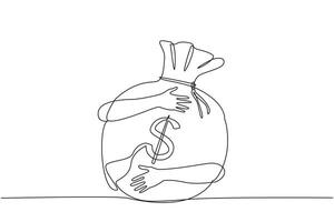 Single continuous line drawing of hands hugging big money bag. Successful entrepreneurs take advantage of existing opportunities to collect a lot of money. Wealth concept. One line illustration vector