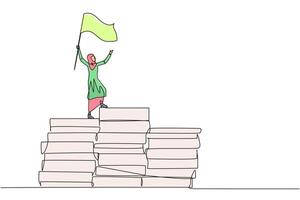 Single continuous line drawing of Arabian businesswoman standing on piles of paper document raising flag. Create business plan with lots of data. Winner even though there is a lot of work. One line vector