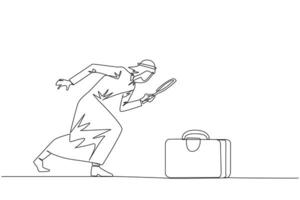 Single one line drawing Arabian businessman holding magnifying glass highlights the briefcase. Immediately tidied up his briefcase to go on a business trip. Continuous line design graphic illustration vector