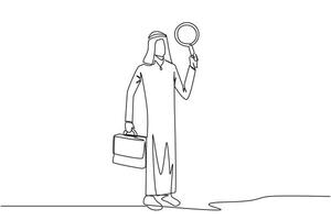 Continuous one line drawing Arabian businessman holds the magnifier in his left hand while in right hand holds a briefcase. Businessman who offer cooperation proposals. Single line draw design vector