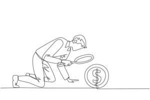 Single one line drawing of businessman holding magnifying glass highlights a coin dollar symbol. Collecting every coin from profits is valuable. Benefit. Continuous line design graphic illustration vector