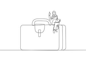 Continuous one line drawing Arabian businesswoman sitting on giant briefcase raising one hand on the other hand holding laptop computer. Make a business trip to achieve the target. Single line draw vector