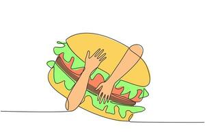 Single one line drawing of hands hugging burger. Food in the form of a loaf of bread containing chopped beef. Usually served with soft drinks. Junk food. Continuous line design graphic illustration vector