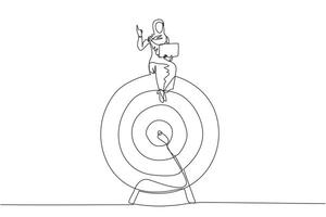 Single one line drawing of Arabian businesswoman sitting on giant arrow target board while holding laptop computer. Invites to focus on pursuing business report targets. Continuous line design graphic vector