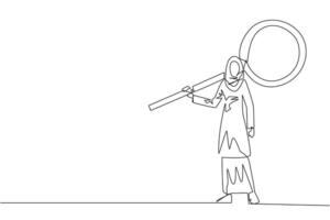 Continuous one line drawing of energetic young Arabian businesswoman stood up carrying a huge magnifier on her shoulders. The concept of seeking success elsewhere. Single line draw illustration vector