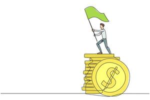 Continuous one line drawing businessman standing on stack of coins raising flag. Successful remote freelance work. Get a lot of money. Concept of smart business. Award. Single line draw design vector