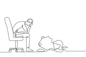 Single continuous line drawing of businessman sits pensively on office chair and in front is a broken piggy bank. Failing to save because have to pay large bills. One line design illustration vector