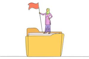 Single continuous line drawing of Arabian businesswoman standing on giant folder icon raising flag. Arranged business plan, keep records, practice. Be a champion. One line design illustration vector