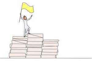 Single one line drawing of Arabian businessman standing on piles of paper document raising flag. Create business plan with lots of data. Winner even though there is a lot of work. Continuous line vector