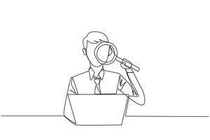 Single continuous line drawing of businessman is typing in front of a laptop computer holding a magnifier. Modern business at this time can be done anytime and anywhere. One line illustration vector